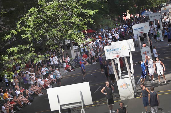 28844207 Up to 10 courts fit on a block. Downtown Spokane is not exactly flat, so baskets are sometimes slightly uphill, downhill or on the side of a hill. There is a risk, however slight, of being impaled on a parking meter. That is life on the streets at Hoopfest, the world's largest 3-on-3 basketball tournament, now in its 20th year.